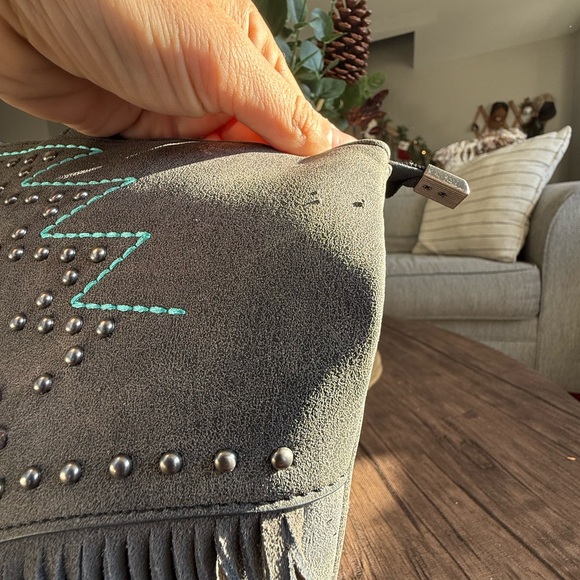 NWOT Montana West Charcoal and Turquoise Embellished Fringe Tote Bag - Picture 11 of 13